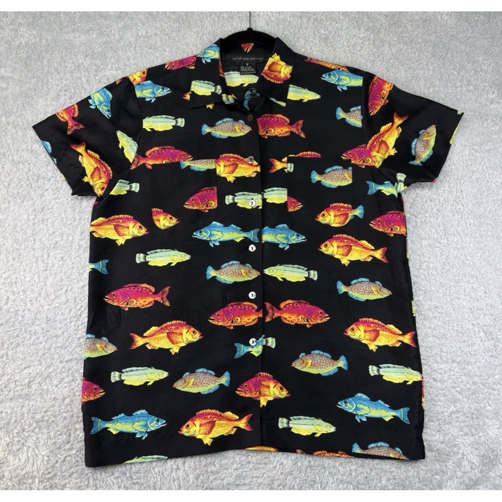 VTG Andrea Jovine Women's Size 8 Silk Tropical Fish Button Up Shirt Neon Black